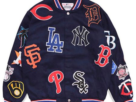 JH design - MLB ALLOVER EMBROIDERED VARSITY JACKET NAVY【MLB303CLG2】 Online